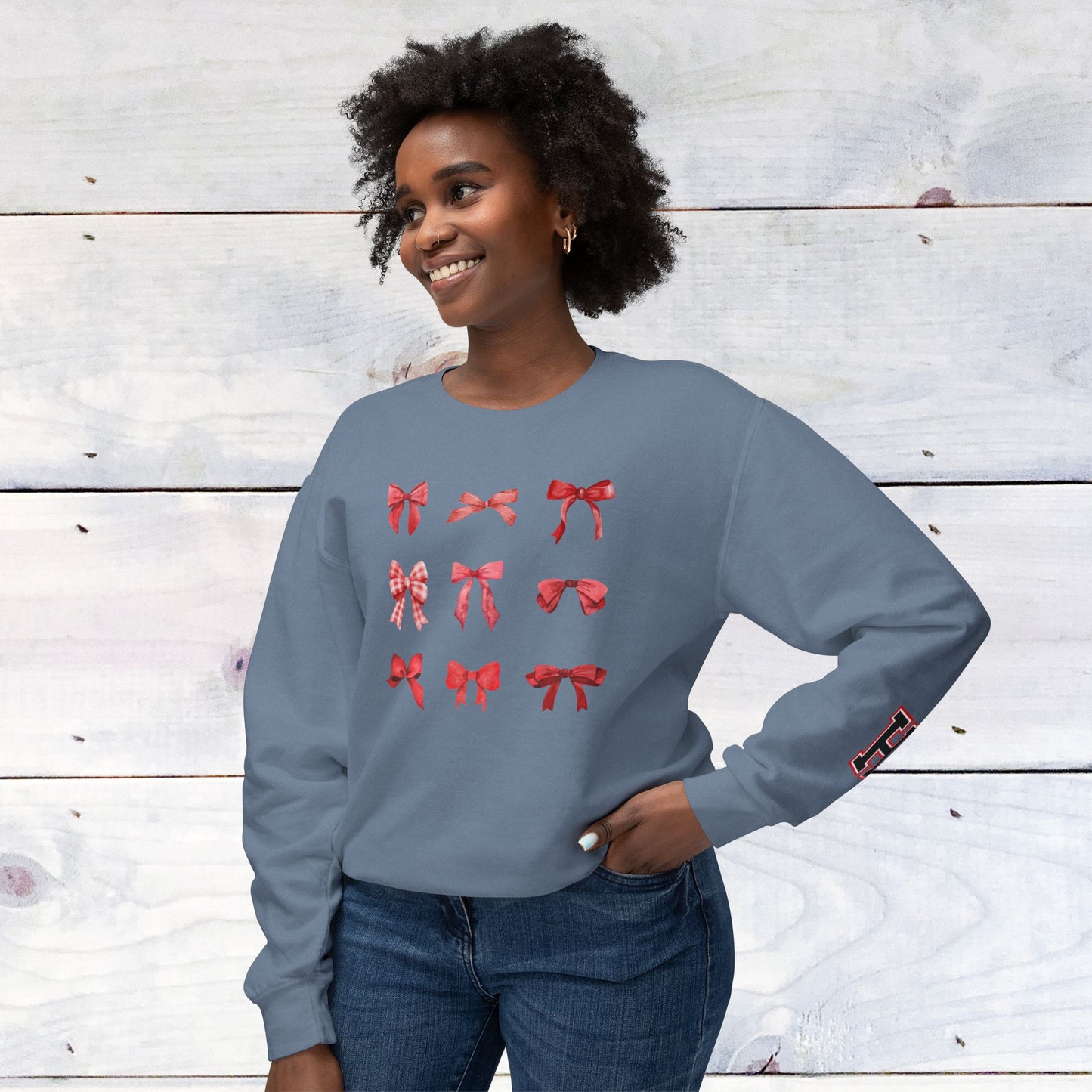 Fun Heath Bow Sweater Lower Sleeve "H" on Left - Comfort Colors Sweater