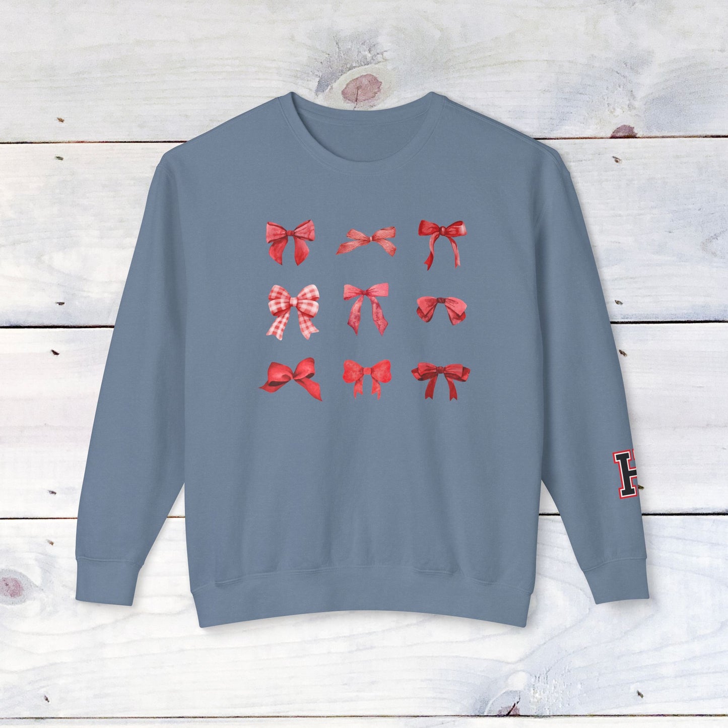 Fun Heath Bow Sweater Lower Sleeve "H" on Left - Comfort Colors Sweater
