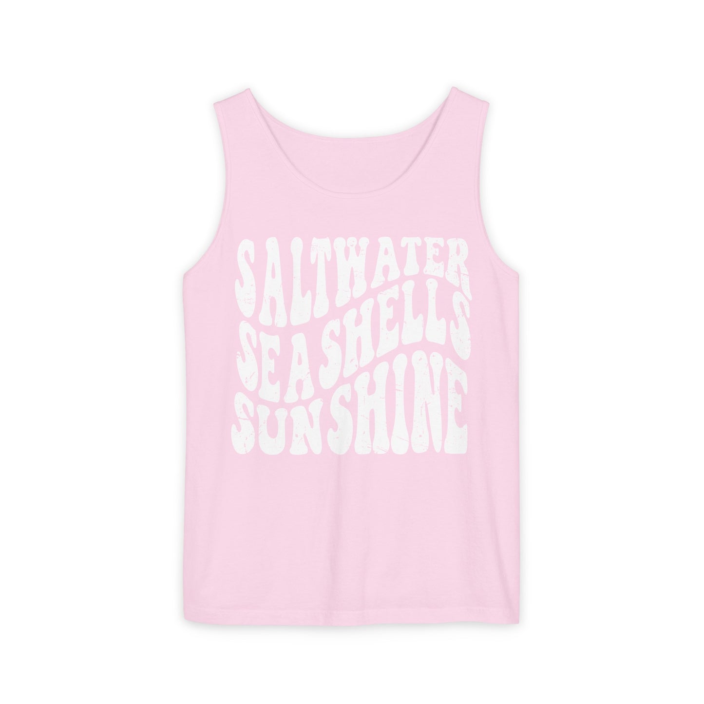 Saltwater, Seashells, Sunshine - White Text, Comfort Colors Tank
