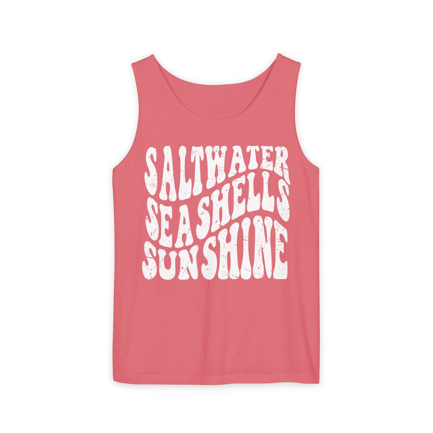 Saltwater, Seashells, Sunshine - White Text, Comfort Colors Tank
