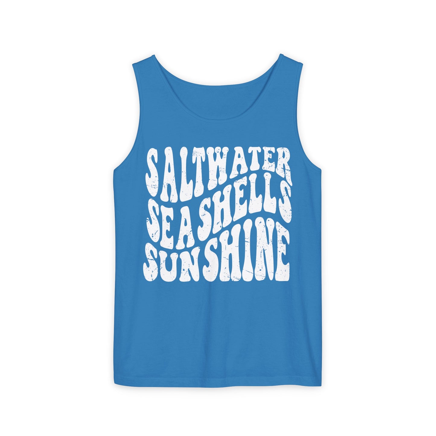 Saltwater, Seashells, Sunshine - White Text, Comfort Colors Tank