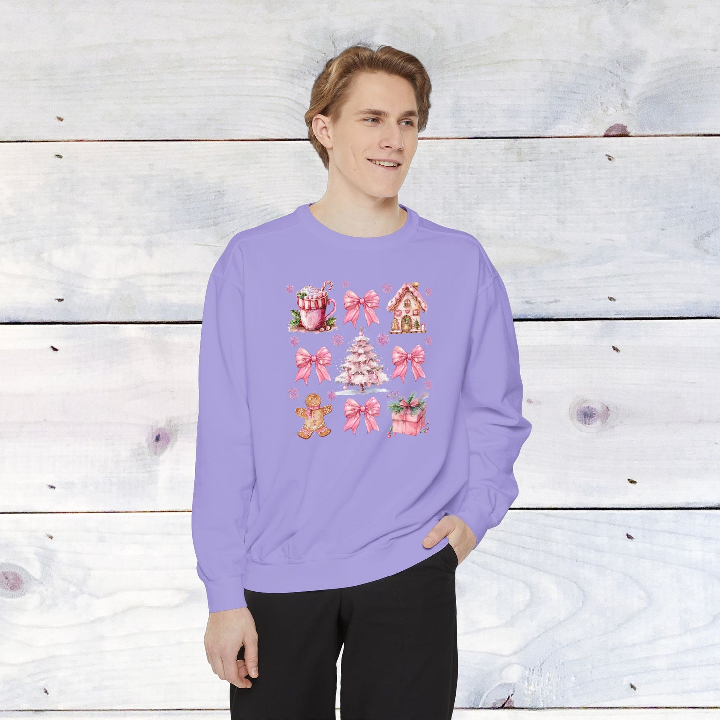 Pink Holiday Grid Comfort Colors Sweater