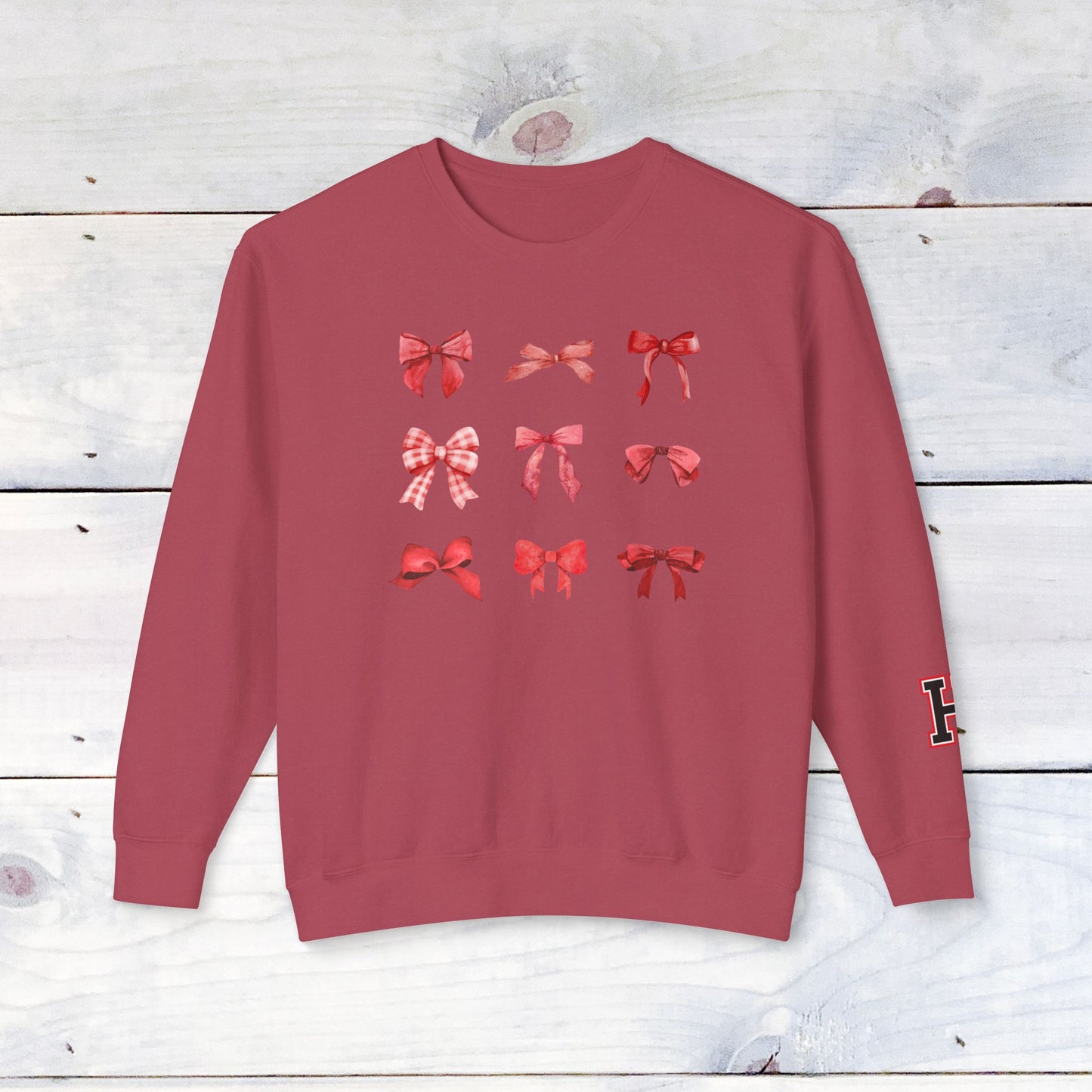 Fun Heath Bow Sweater Lower Sleeve "H" on Left - Comfort Colors Sweater