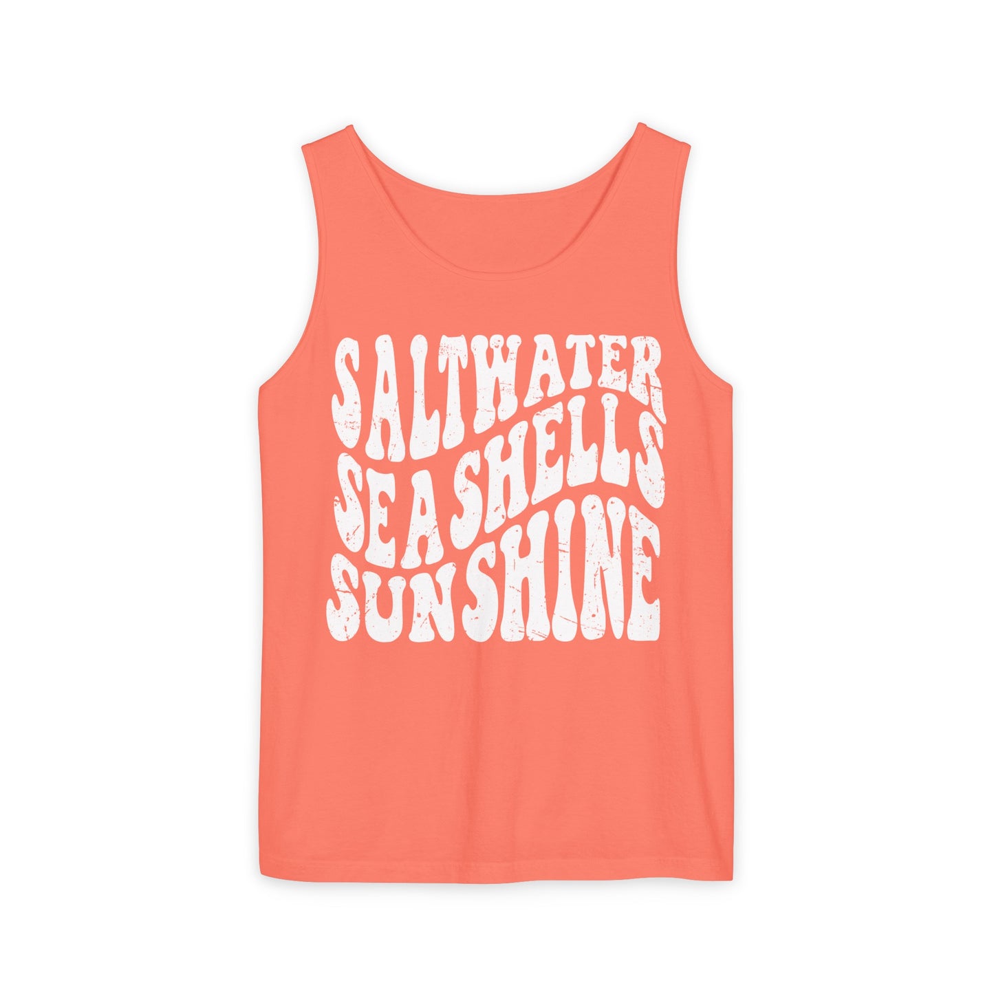 Saltwater, Seashells, Sunshine - White Text, Comfort Colors Tank