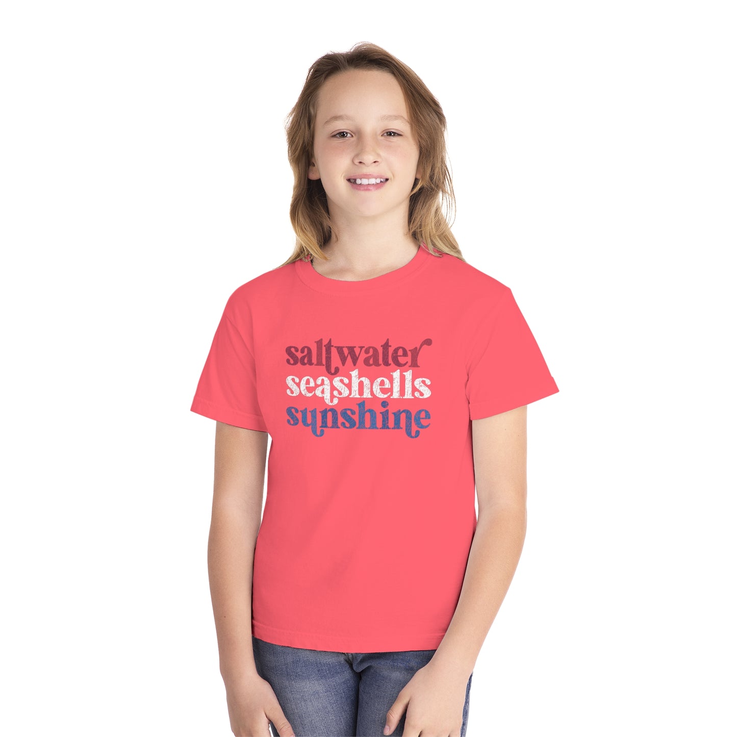 Youth Red, White, Blue Saltwater, Seashells, Sunshine Comfort Colors Youth Tee