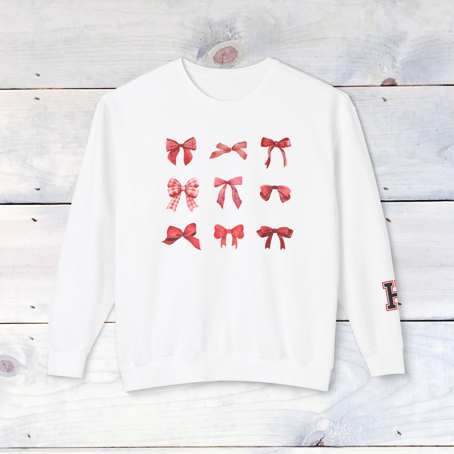 Fun Heath Bow Sweater Lower Sleeve "H" on Left - Comfort Colors Sweater