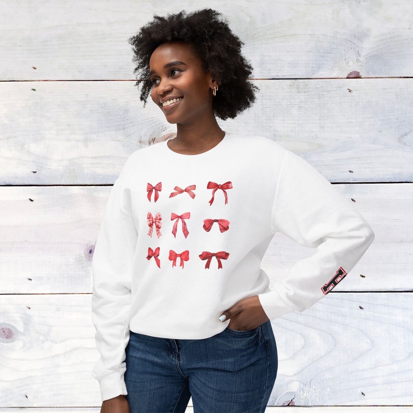 Fun Heath Bow Sweater Lower Sleeve "H" on Left - Comfort Colors Sweater
