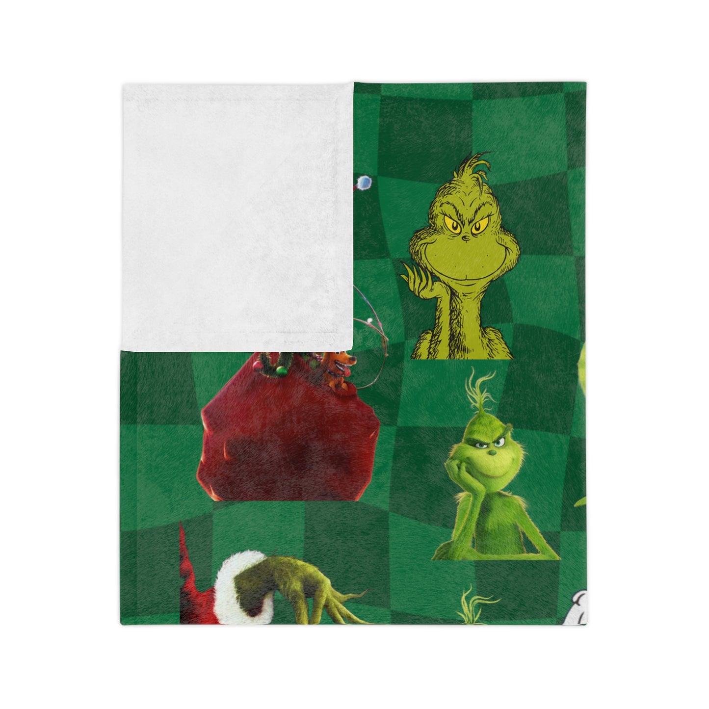 The Grinch Blanket with plaid background