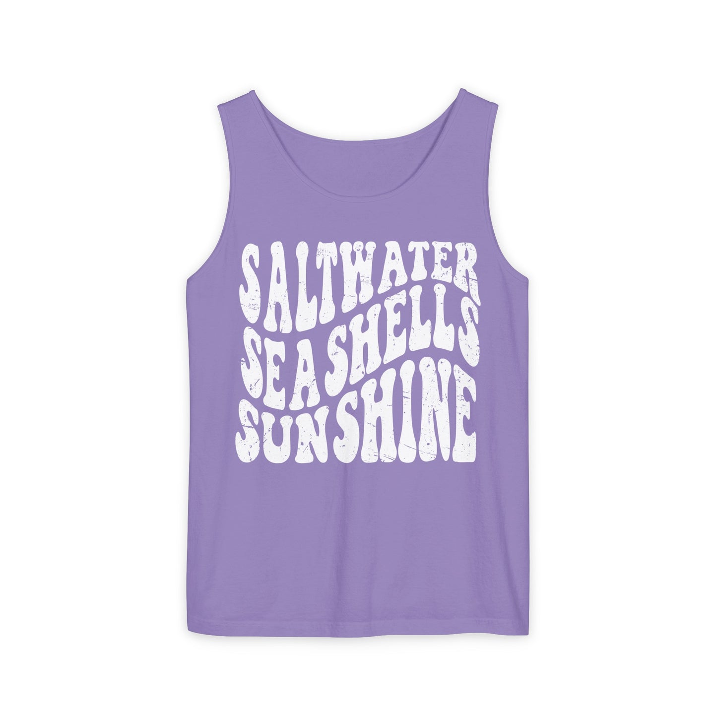 Saltwater, Seashells, Sunshine - White Text, Comfort Colors Tank