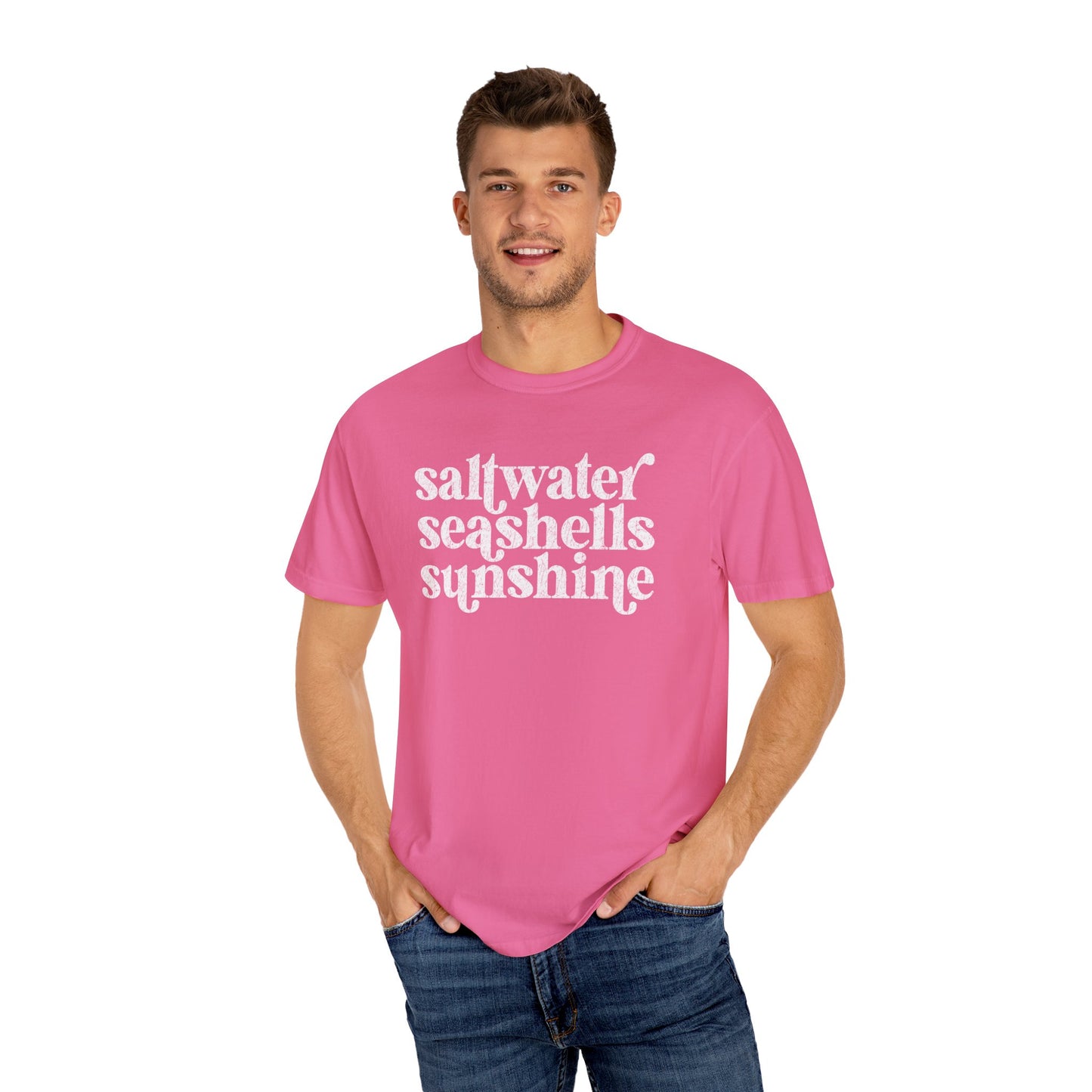 White Saltwater, Seashells, Sunshine Comfort Colors Tee