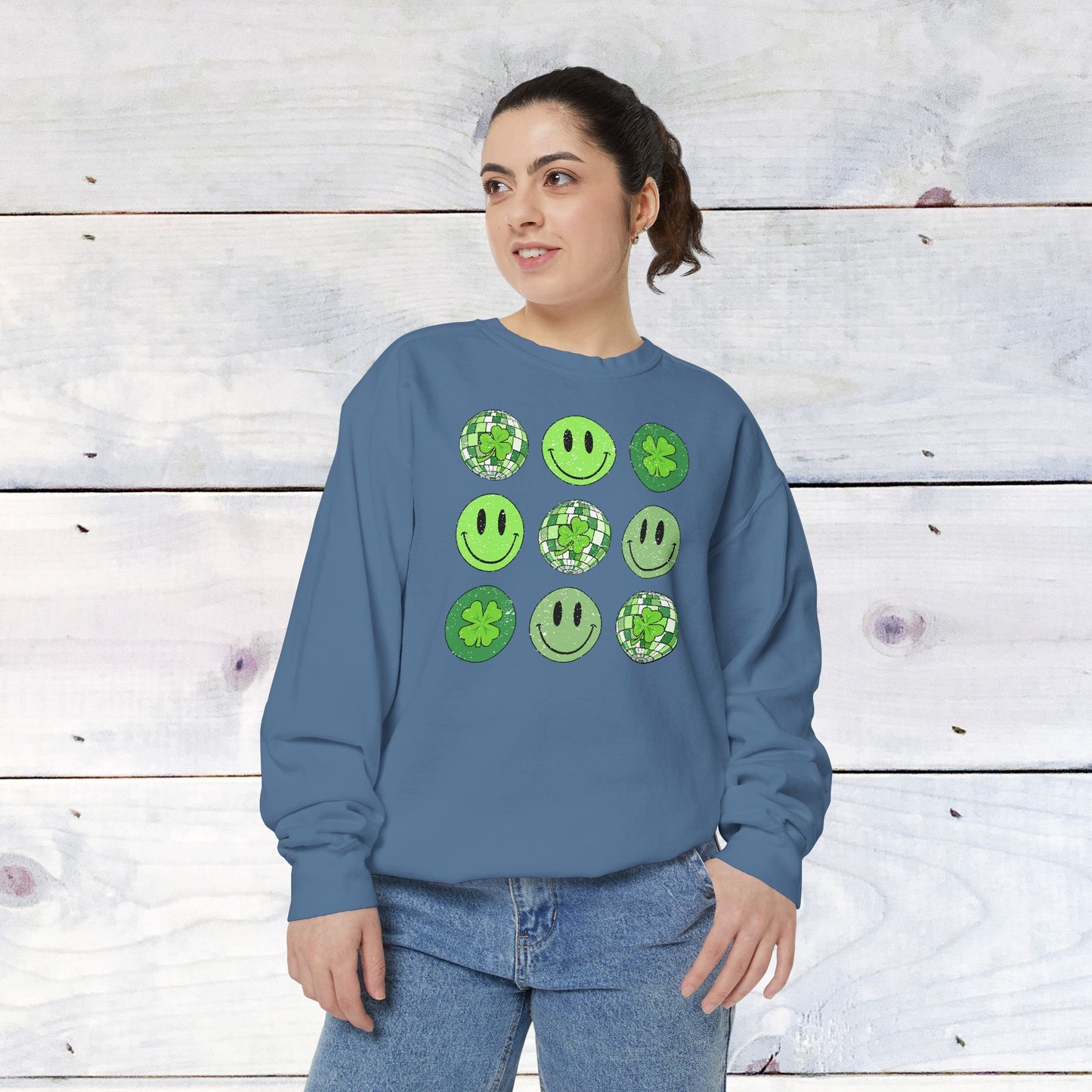 Smiley St Patty's Day Grid Comfort Colors Sweatshirt