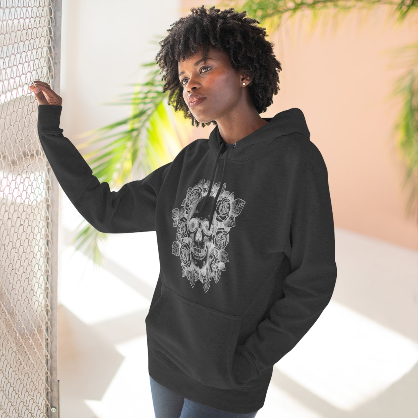 Skull with Rose Background - Unisex Premium Pullover Hoodie