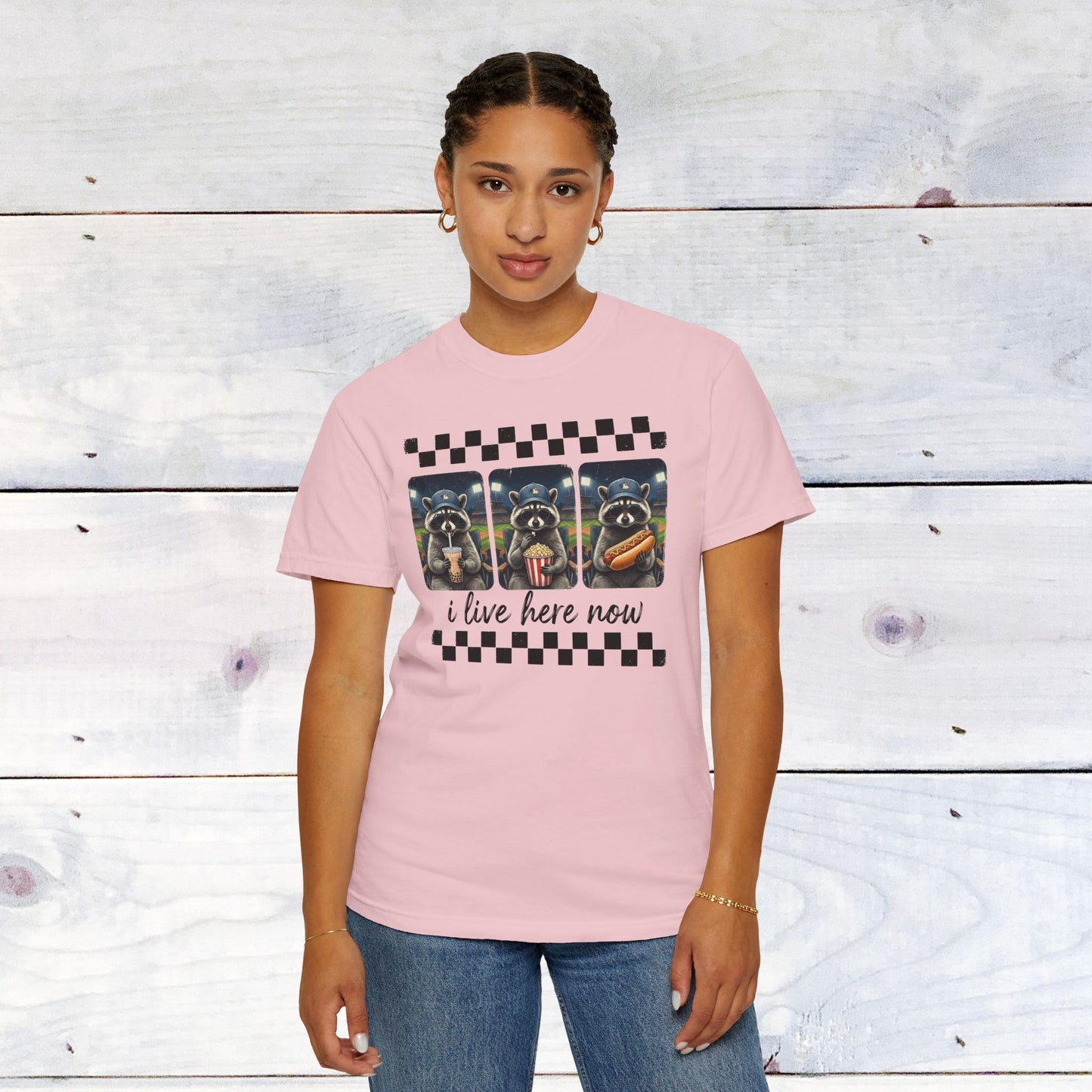 Baseball, I Live Here Now Raccoon Comfort Colors Unisex Shirt