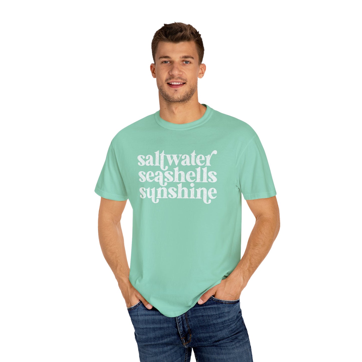 White Saltwater, Seashells, Sunshine Comfort Colors Tee