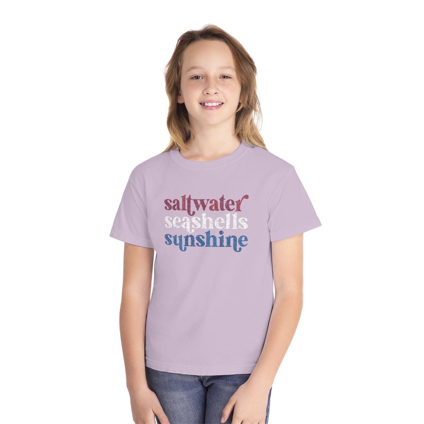 Youth Red, White, Blue Saltwater, Seashells, Sunshine Comfort Colors Youth Tee