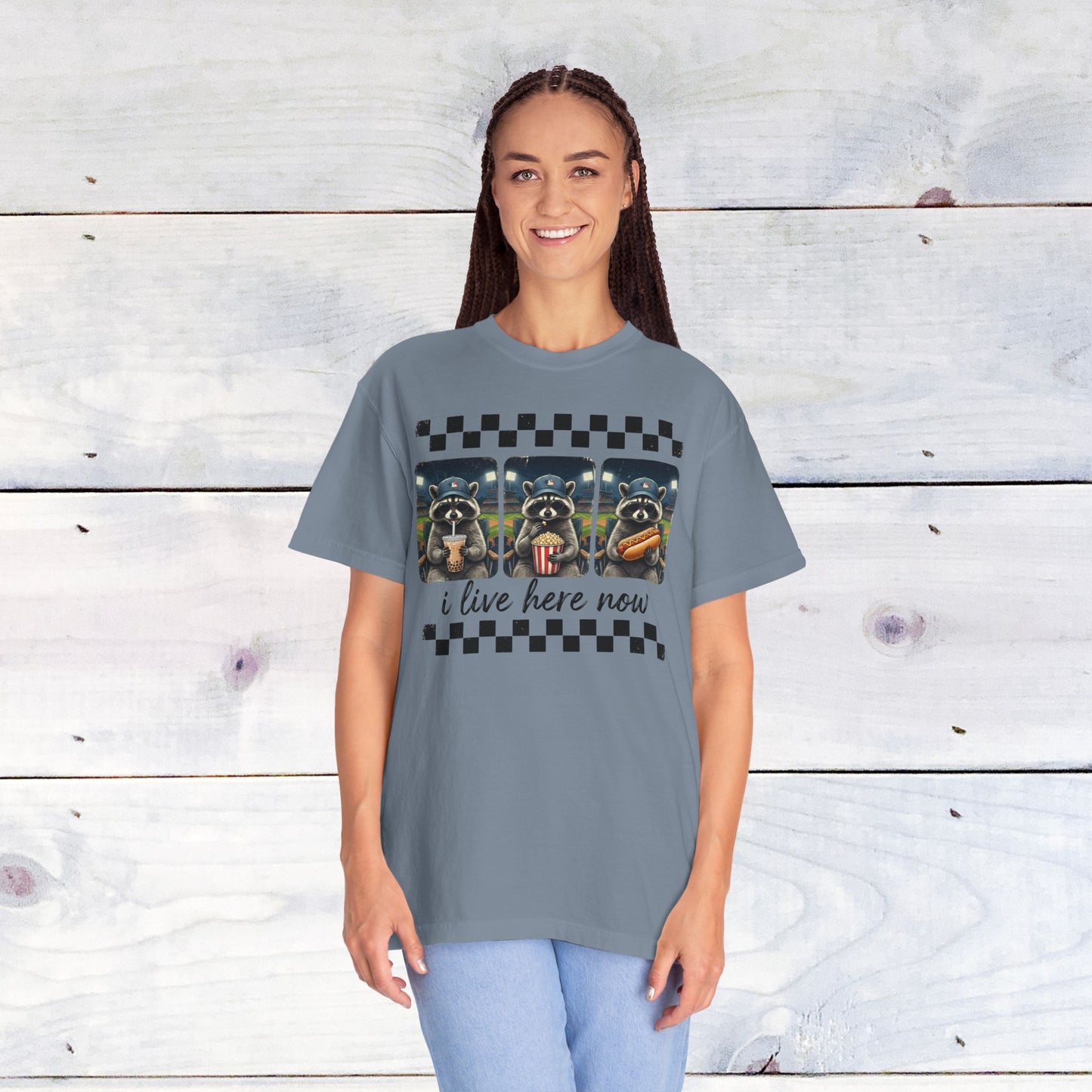 Baseball, I Live Here Now Raccoon Comfort Colors Unisex Shirt