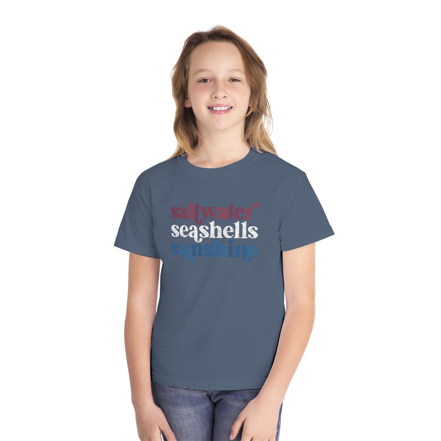 Youth Red, White, Blue Saltwater, Seashells, Sunshine Comfort Colors Youth Tee