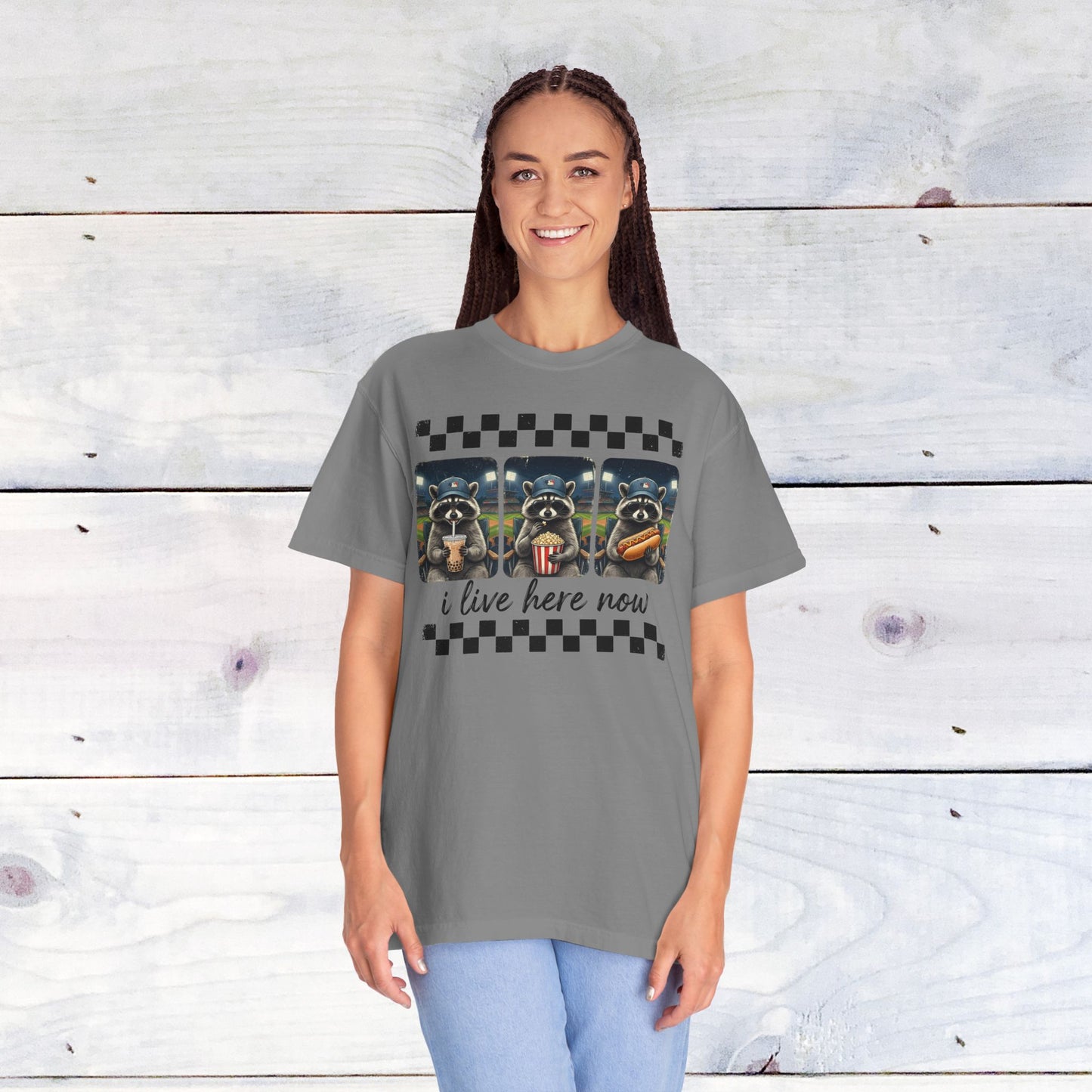 Baseball, I Live Here Now Raccoon Comfort Colors Unisex Shirt