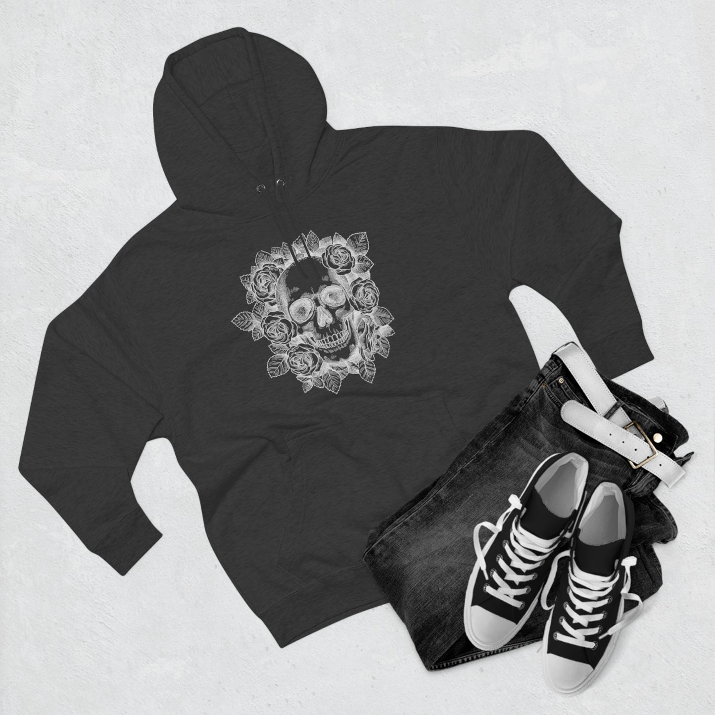 Skull with Rose Background - Unisex Premium Pullover Hoodie