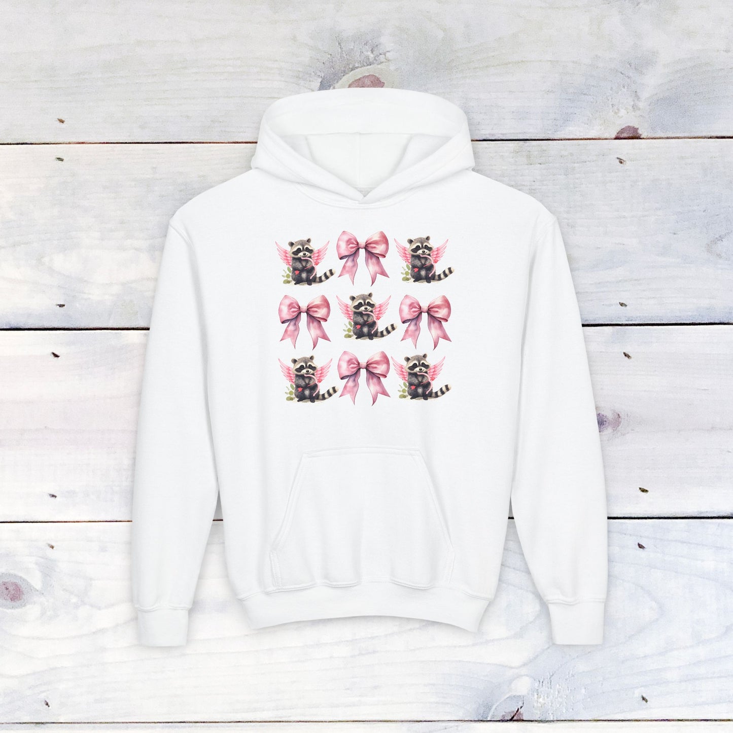 Raccoon Bow Grid Valentine Youth Hoodie