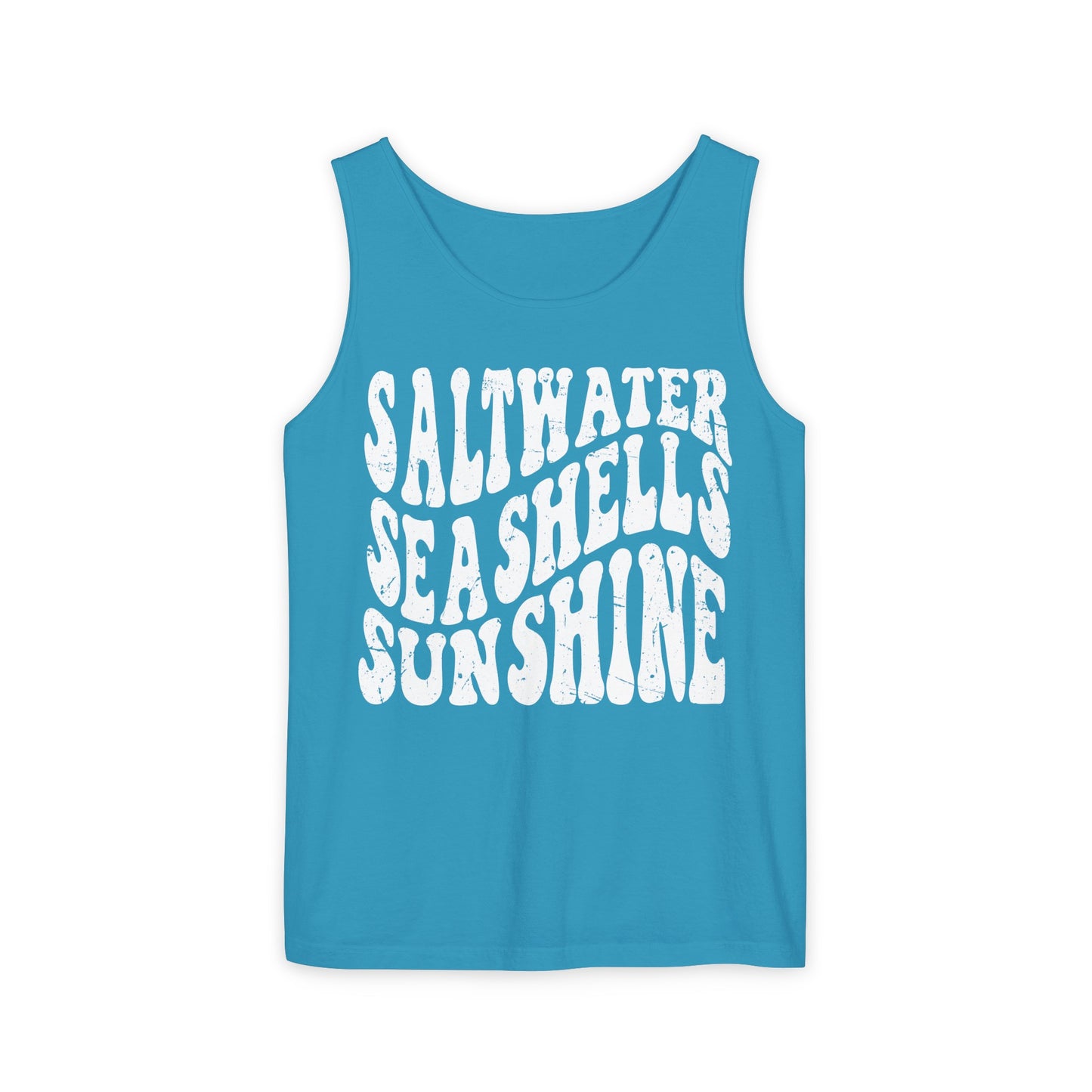 Saltwater, Seashells, Sunshine - White Text, Comfort Colors Tank
