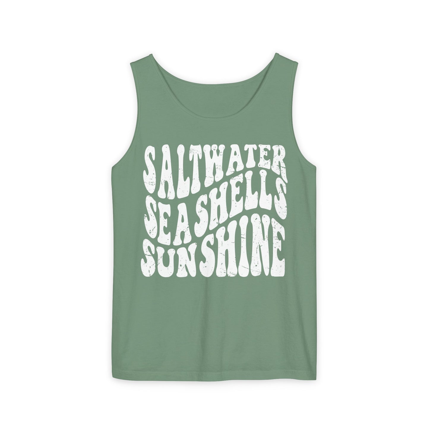 Saltwater, Seashells, Sunshine - White Text, Comfort Colors Tank