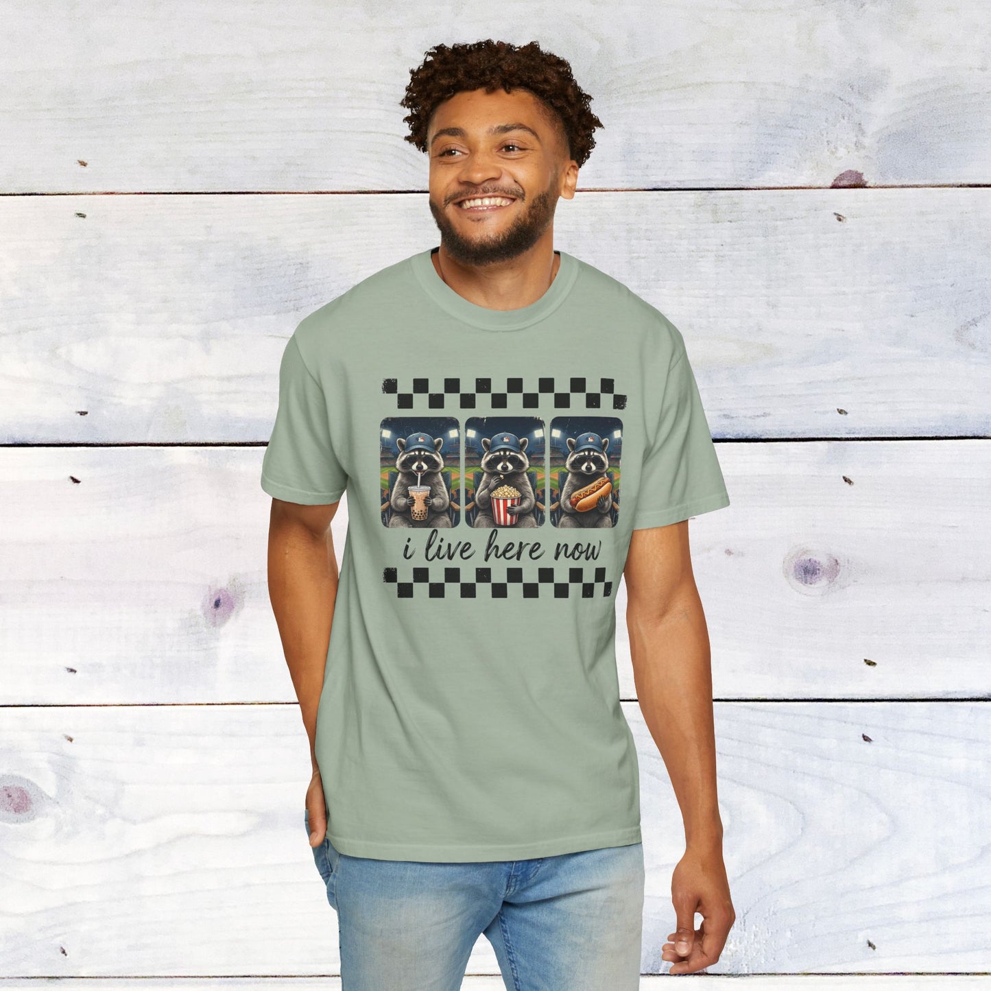 Baseball, I Live Here Now Raccoon Comfort Colors Unisex Shirt