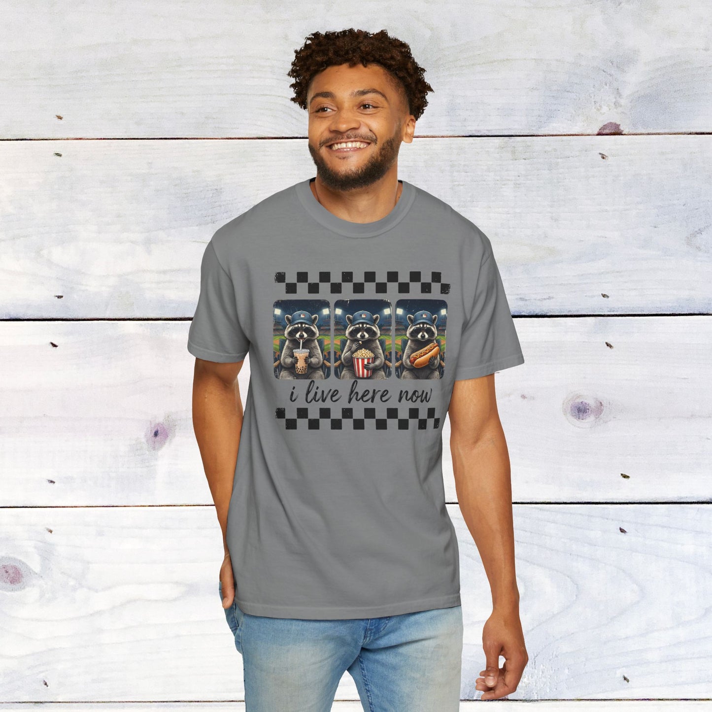 Baseball, I Live Here Now Raccoon Comfort Colors Unisex Shirt