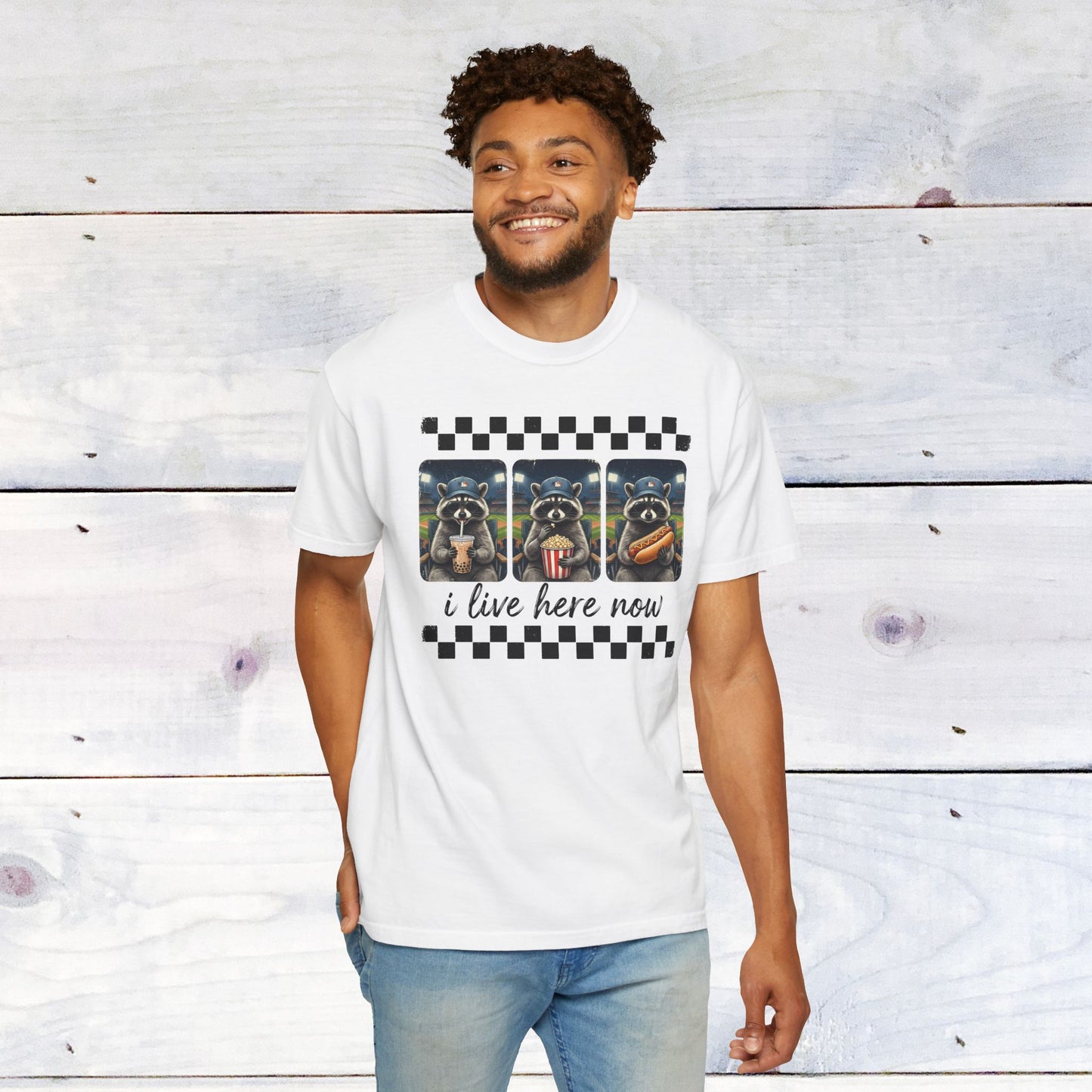 Baseball, I Live Here Now Raccoon Comfort Colors Unisex Shirt
