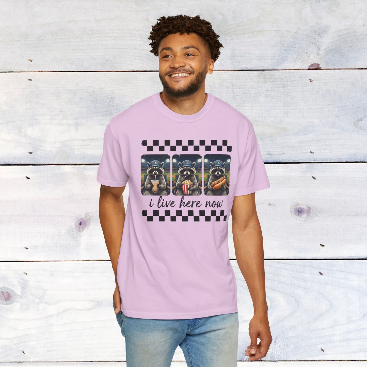 Baseball, I Live Here Now Raccoon Comfort Colors Unisex Shirt