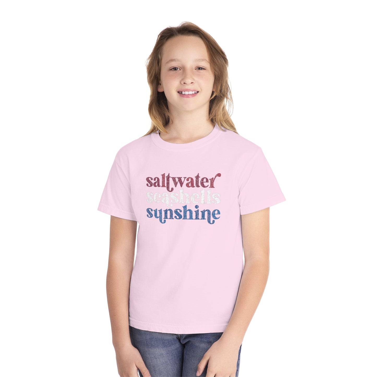 Youth Red, White, Blue Saltwater, Seashells, Sunshine Comfort Colors Youth Tee