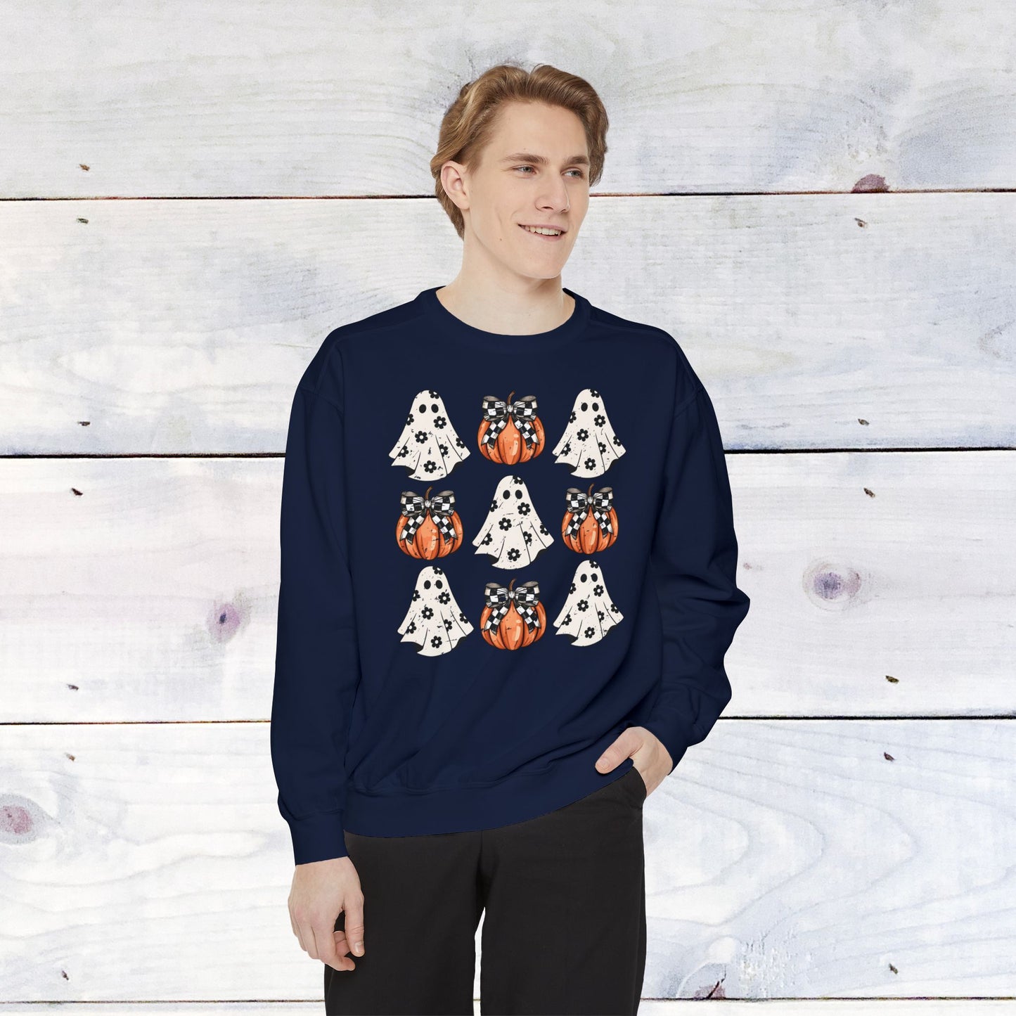 Who needs bows ..when you have pumpkins and ghosts? Comfort Colors Sweater