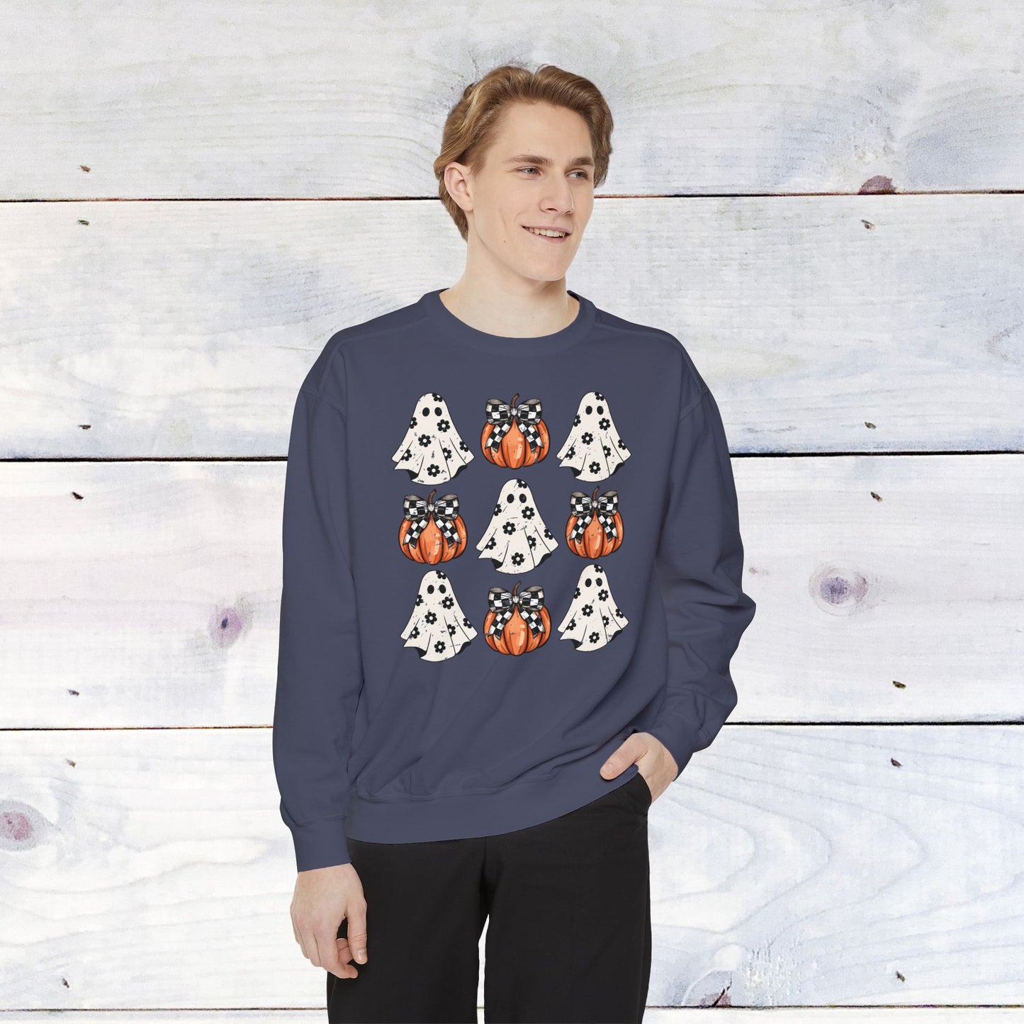 Who needs bows ..when you have pumpkins and ghosts? Comfort Colors Sweater