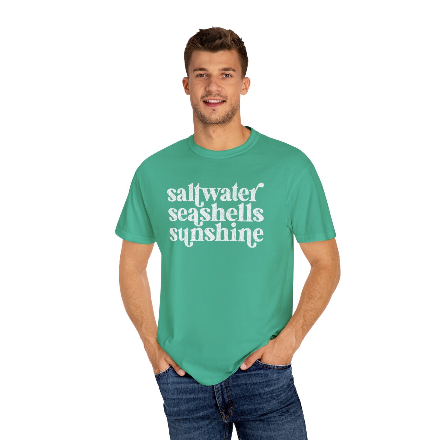 White Saltwater, Seashells, Sunshine Comfort Colors Tee