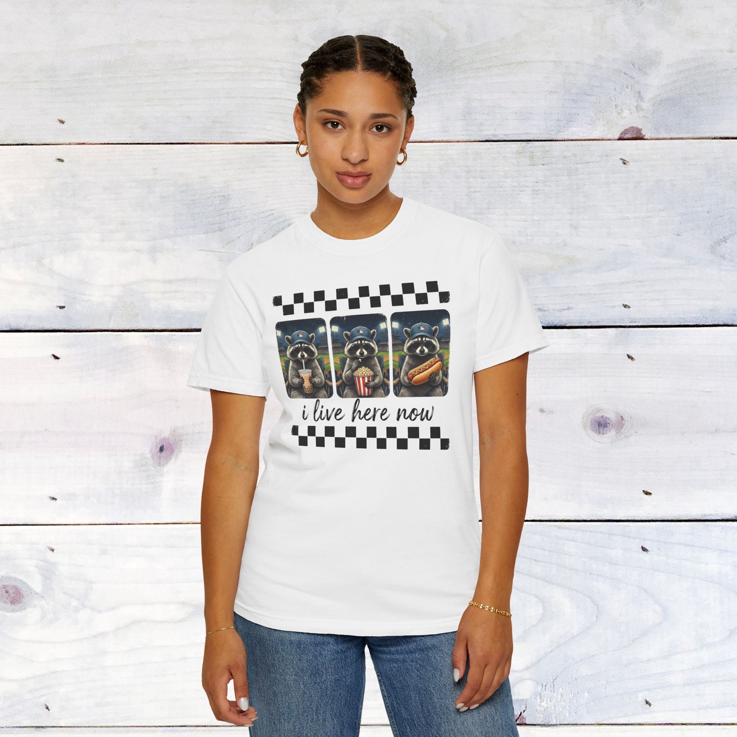 Baseball, I Live Here Now Raccoon Comfort Colors Unisex Shirt