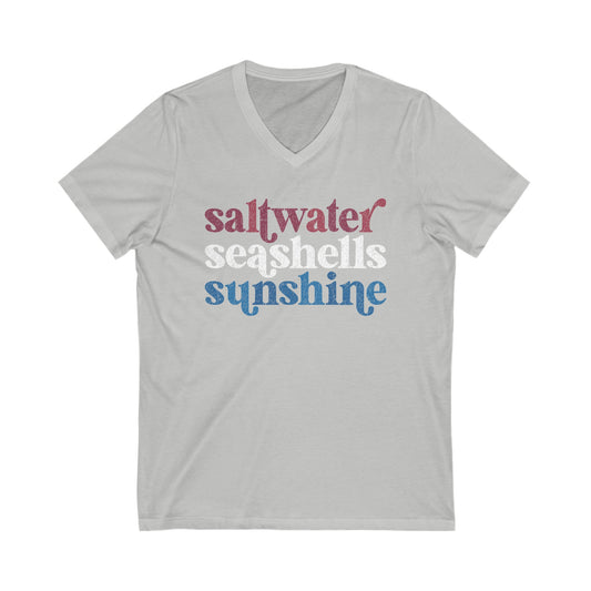 Red/White/Blue - Saltwater, Seashells, Sunshine Unisex Jersey Short Sleeve V-Neck Tee