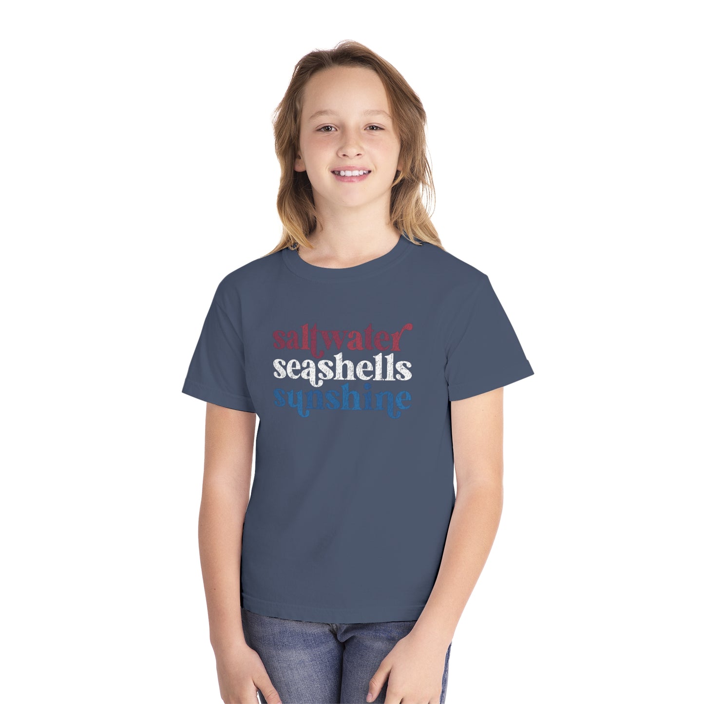Youth Red, White, Blue Saltwater, Seashells, Sunshine Comfort Colors Youth Tee