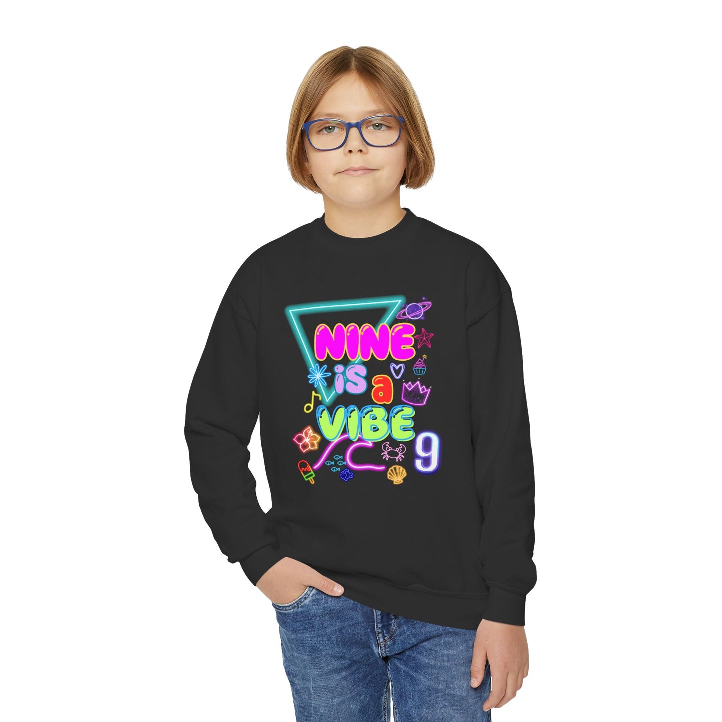 Youth Crewneck Sweatshirt with 'NINE is a VIBE' Design, Cozy Kids Gift, Fun Casual Wear, Birthday Apparel, Trendy Youth Fashion, [...]