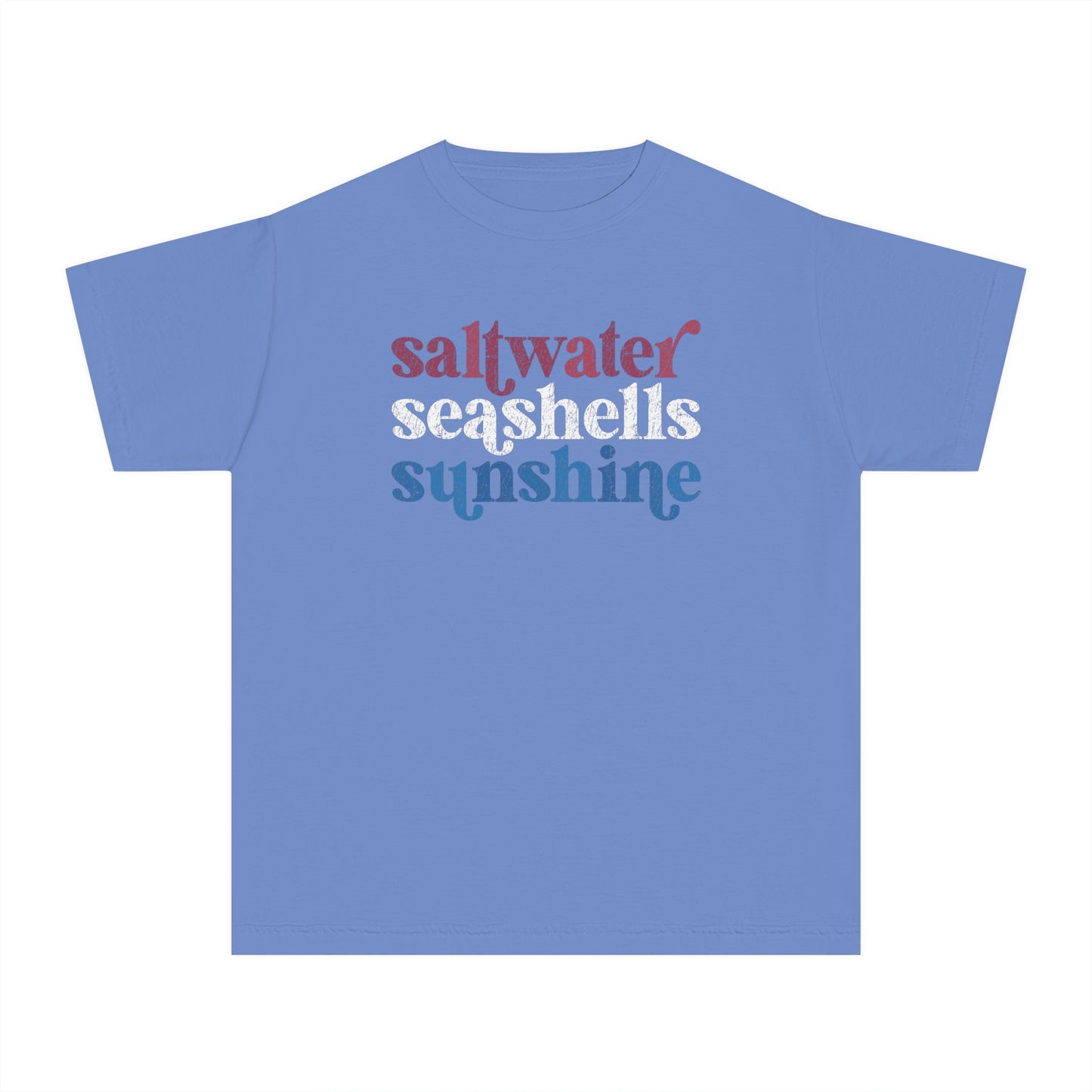Youth Red, White, Blue Saltwater, Seashells, Sunshine Comfort Colors Youth Tee