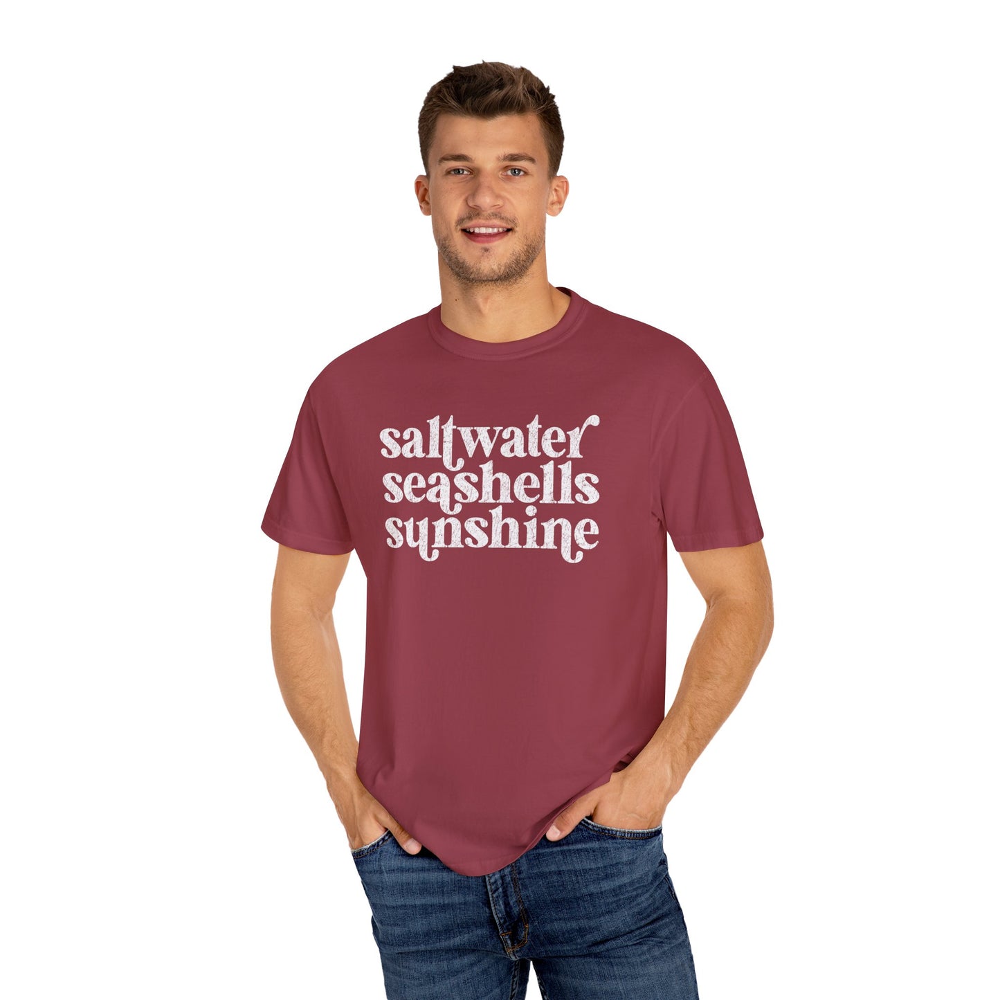 White Saltwater, Seashells, Sunshine Comfort Colors Tee