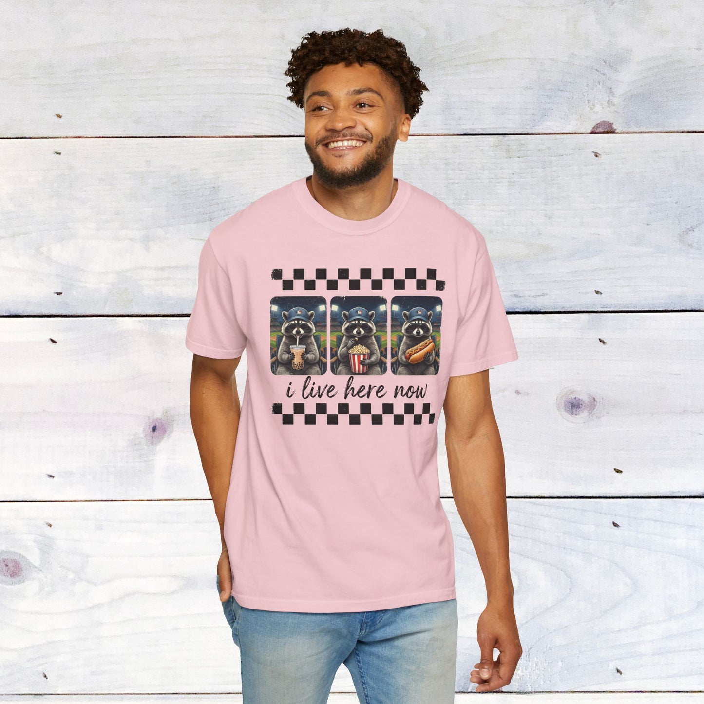 Baseball, I Live Here Now Raccoon Comfort Colors Unisex Shirt