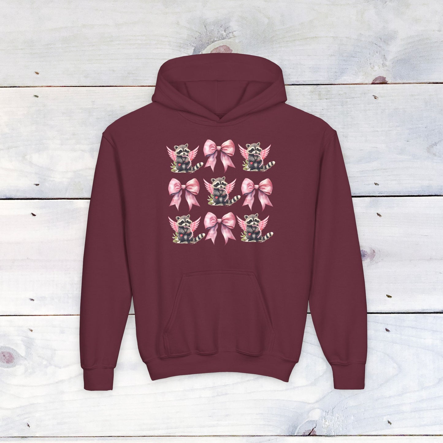 Raccoon Bow Grid Valentine Youth Hoodie
