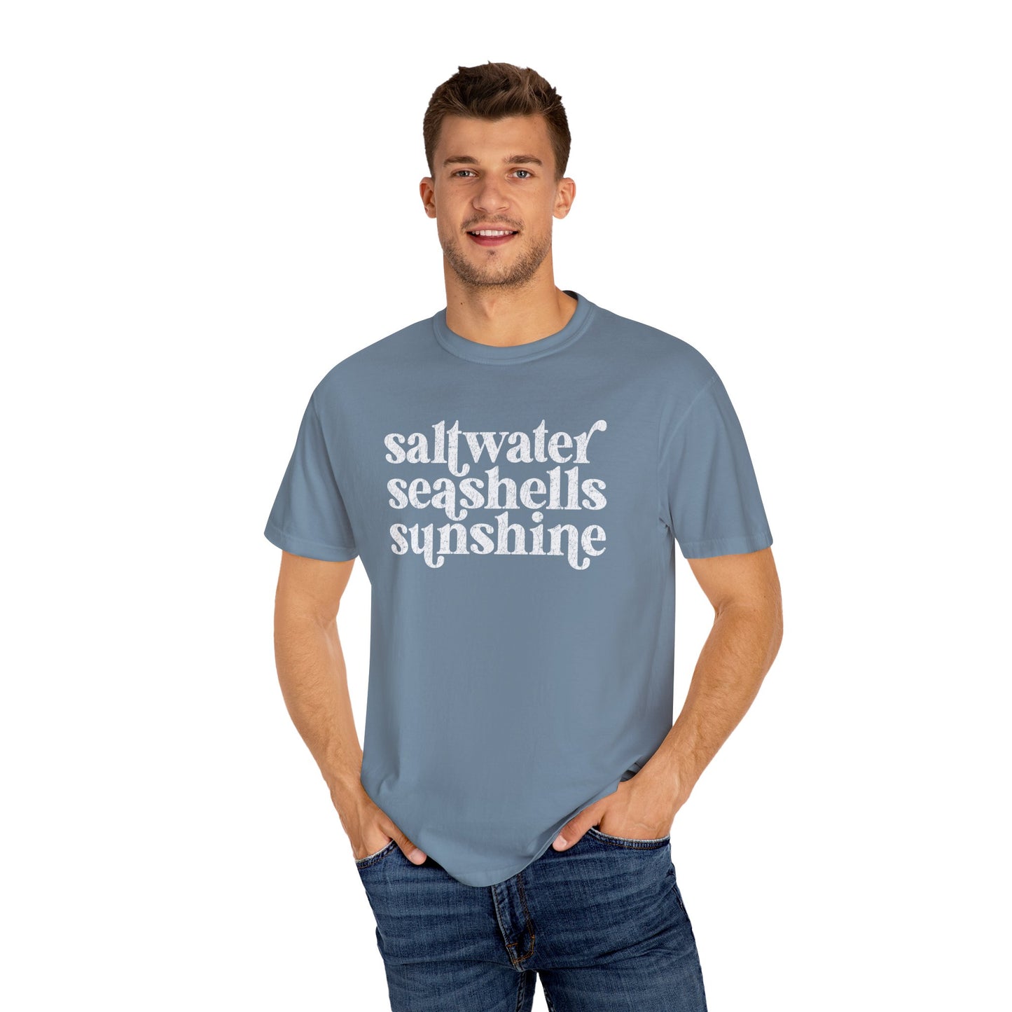 White Saltwater, Seashells, Sunshine Comfort Colors Tee
