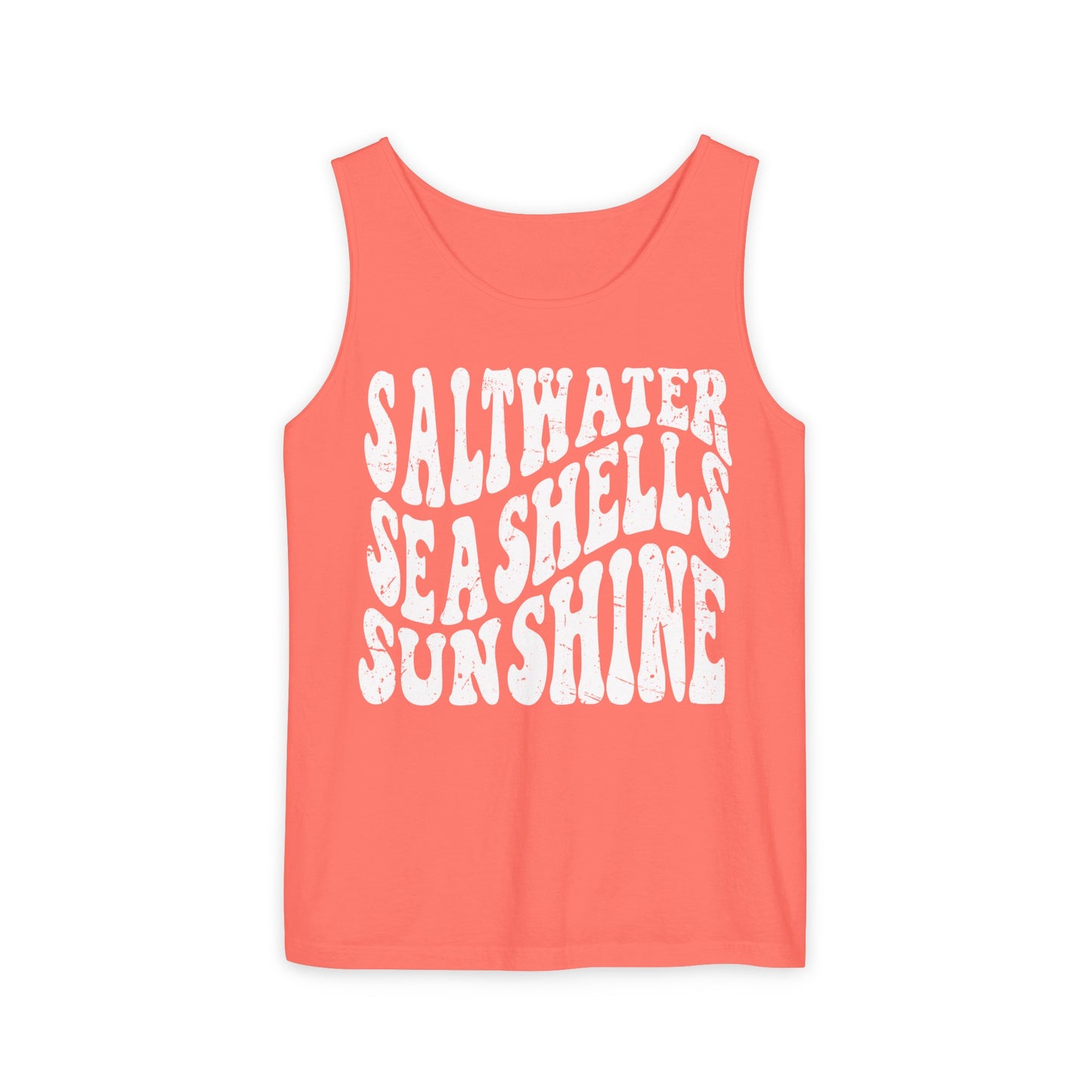 Saltwater, Seashells, Sunshine - White Text, Comfort Colors Tank
