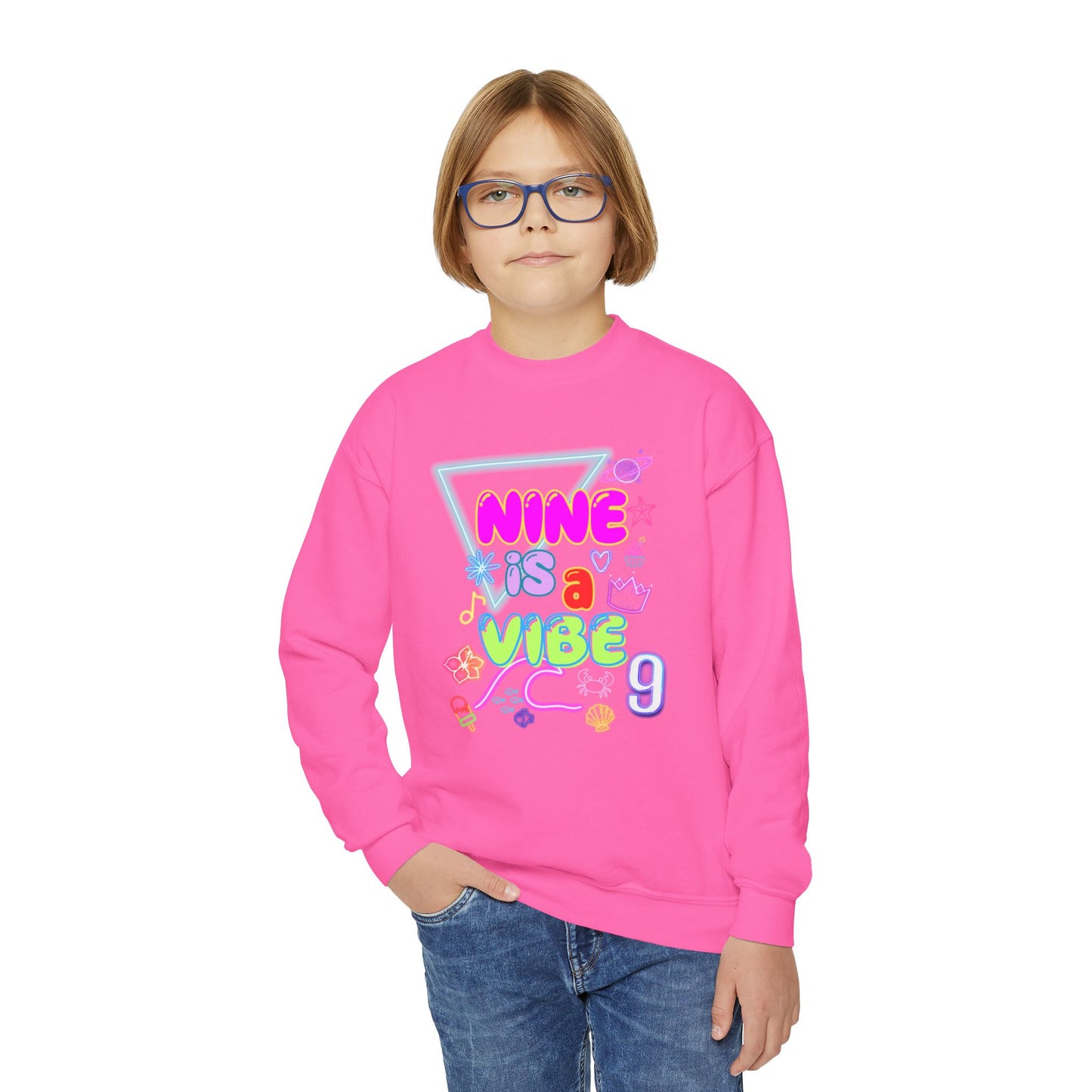 Youth Crewneck Sweatshirt with 'NINE is a VIBE' Design, Cozy Kids Gift, Fun Casual Wear, Birthday Apparel, Trendy Youth Fashion, [...]
