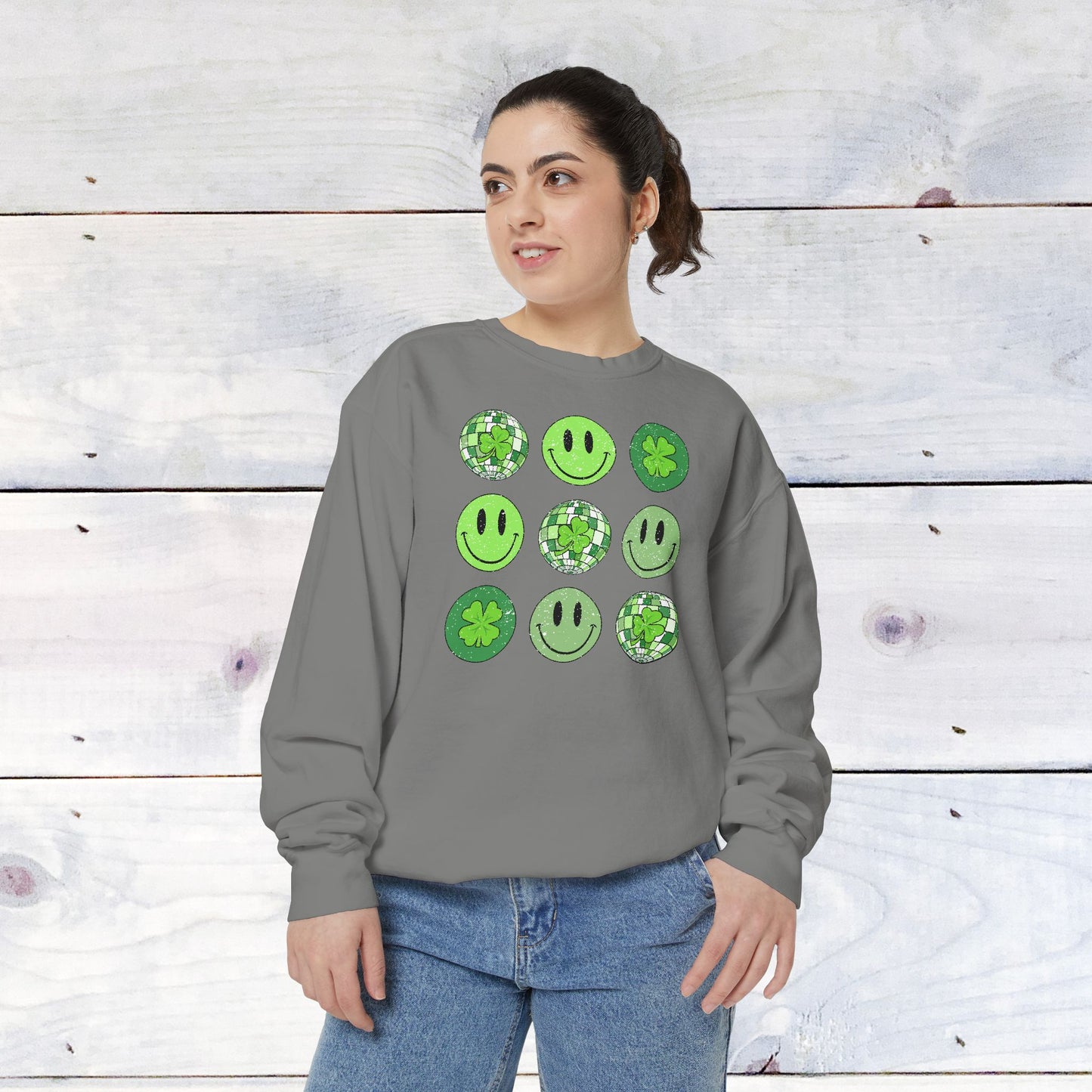 Smiley St Patty's Day Grid Comfort Colors Sweatshirt