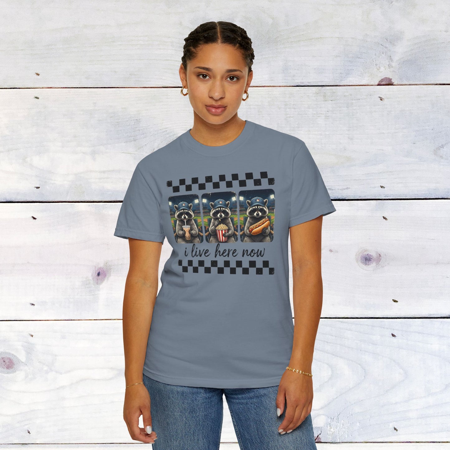 Baseball, I Live Here Now Raccoon Comfort Colors Unisex Shirt