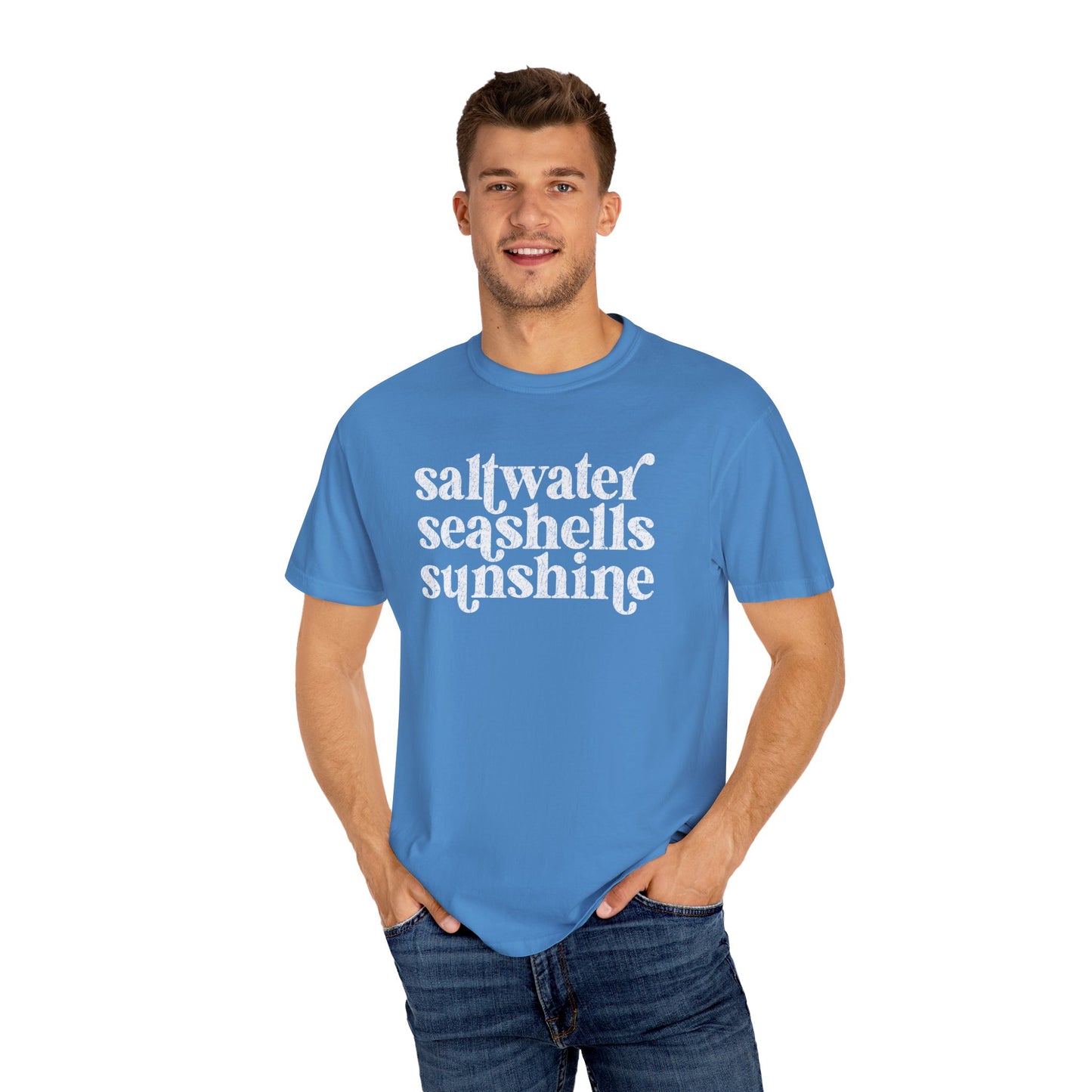 White Saltwater, Seashells, Sunshine Comfort Colors Tee