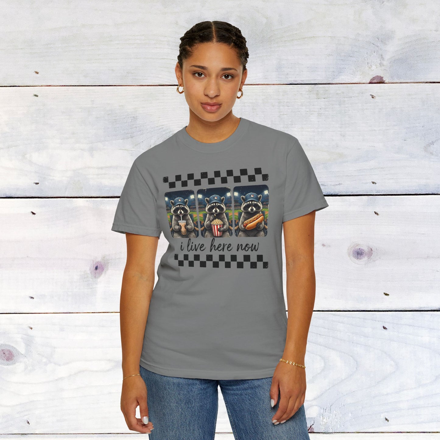 Baseball, I Live Here Now Raccoon Comfort Colors Unisex Shirt