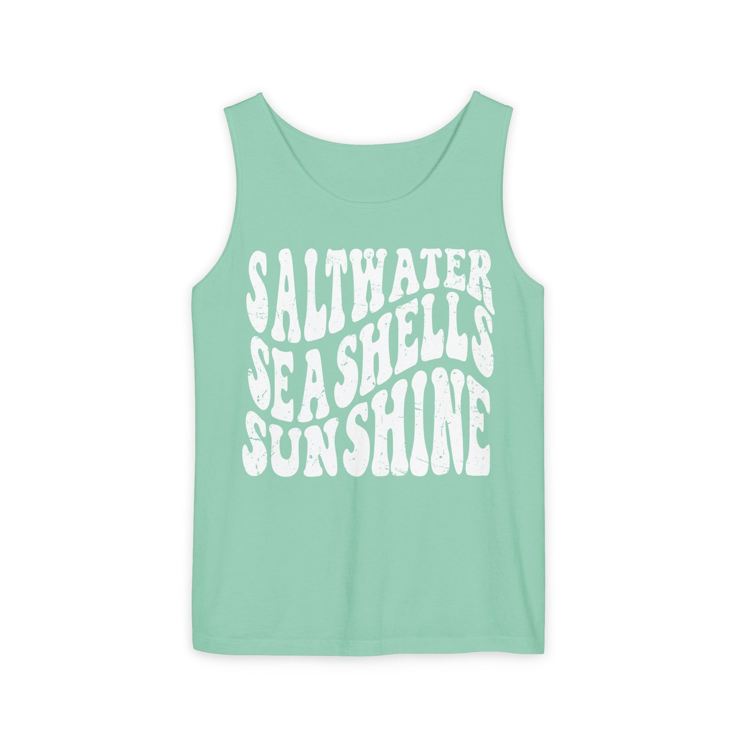 Saltwater, Seashells, Sunshine - White Text, Comfort Colors Tank